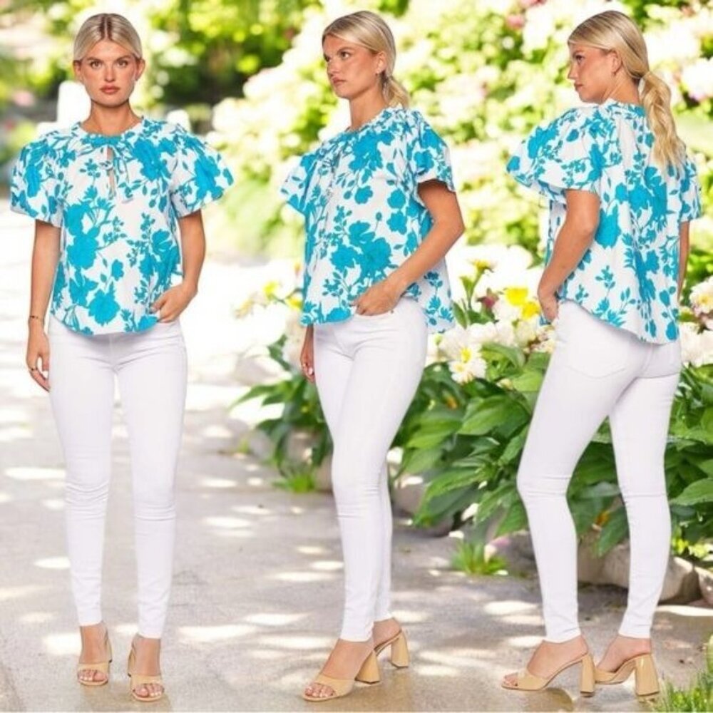 NEW MISA Suparna‎ Top in Turquoise Summer Floral Print Feminine Cottagecore XXS